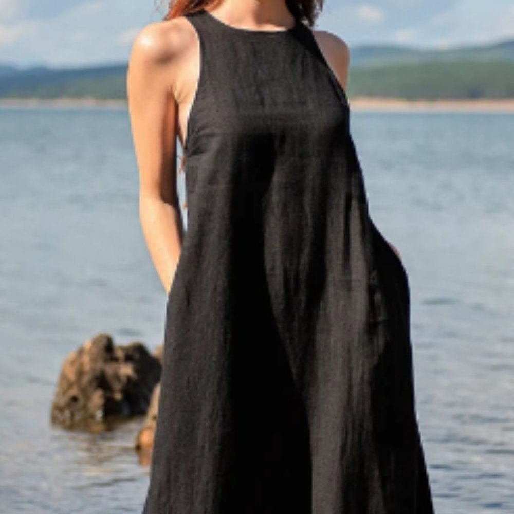 Linen Dress for Women, Linen Maxi Dress, Minimalist Black Dress, Summer Dress, P